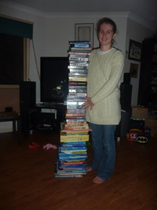 not the most flattering photo of me, but you should be focusing on the stack of books